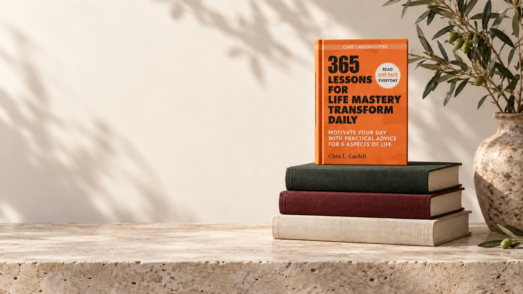 365 Lessons for Life Mastery standing on a stack of books beside an olive tree