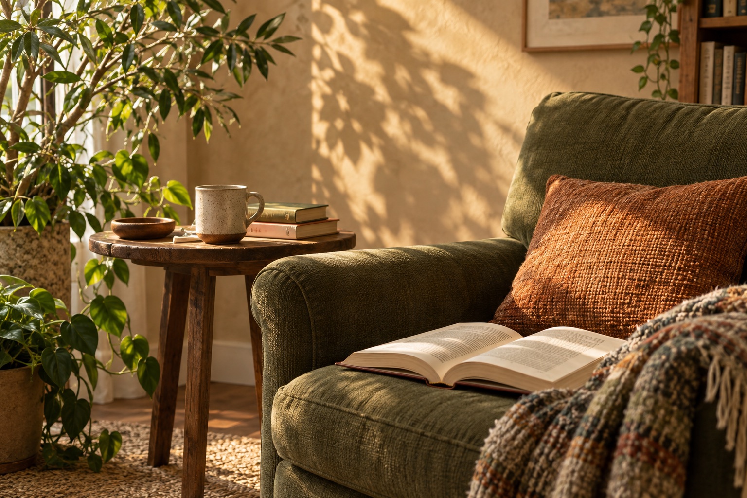 An open book in a sunlit reading nook